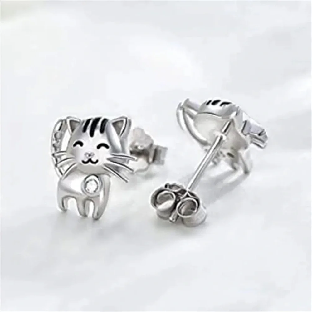 New Sterling Silver White Sapphire Kitty Studs
